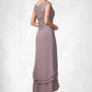 Sal A-Line Scoop Neck Asymmetrical Chiffon Lace Mother of the Bride Dress With Cascading Ruffles DL126P0014850