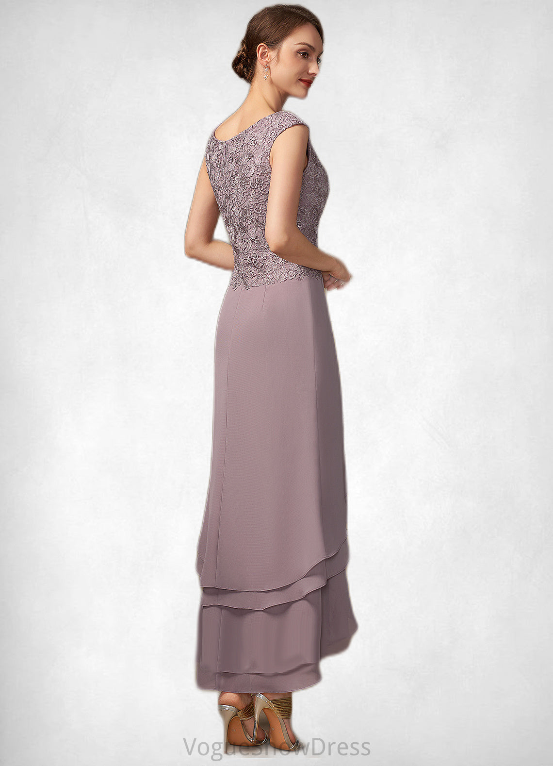 Sal A-Line Scoop Neck Asymmetrical Chiffon Lace Mother of the Bride Dress With Cascading Ruffles DL126P0014850