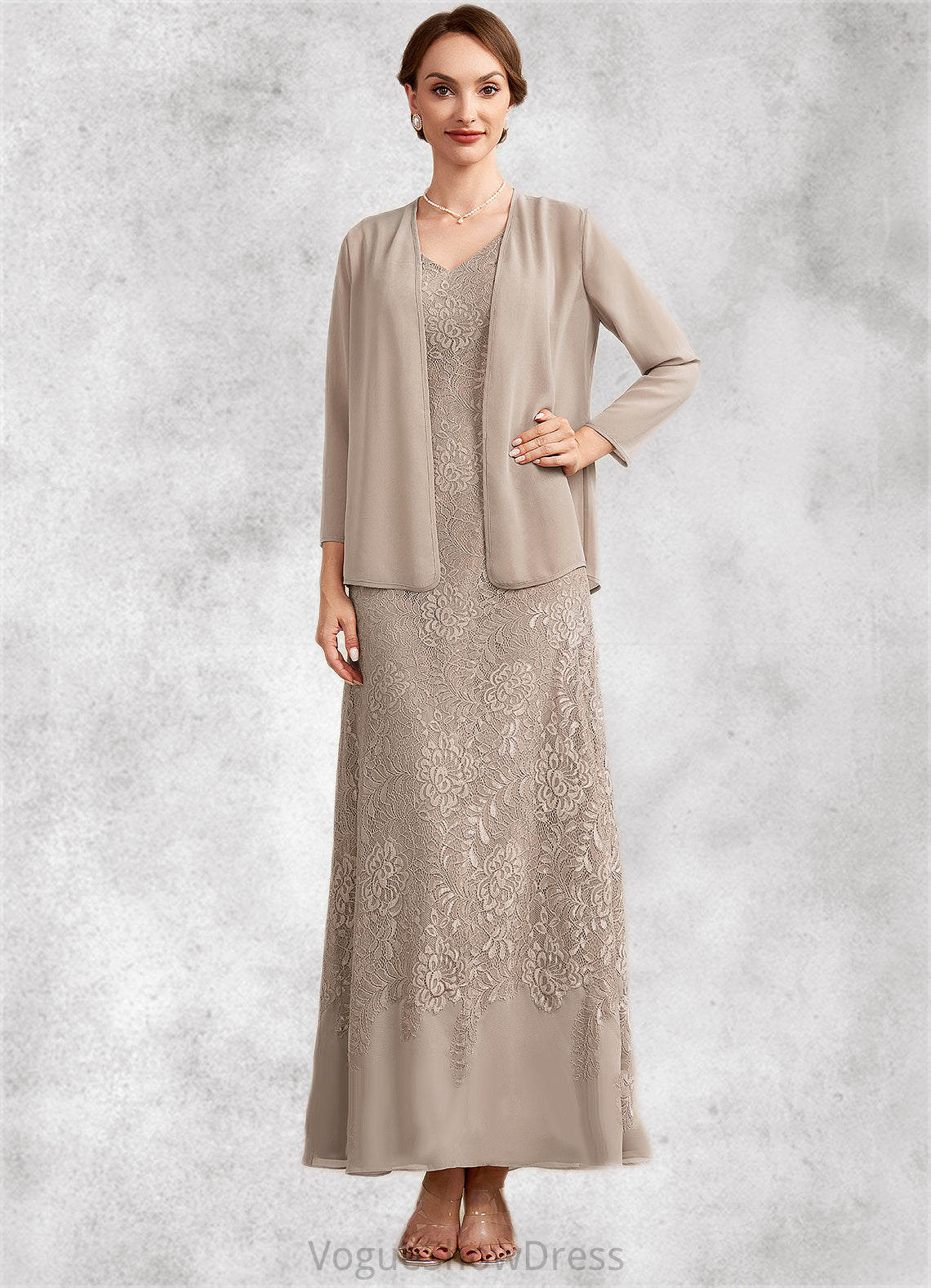 Ivy A-Line V-neck Ankle-Length Chiffon Lace Mother of the Bride Dress DL126P0014851