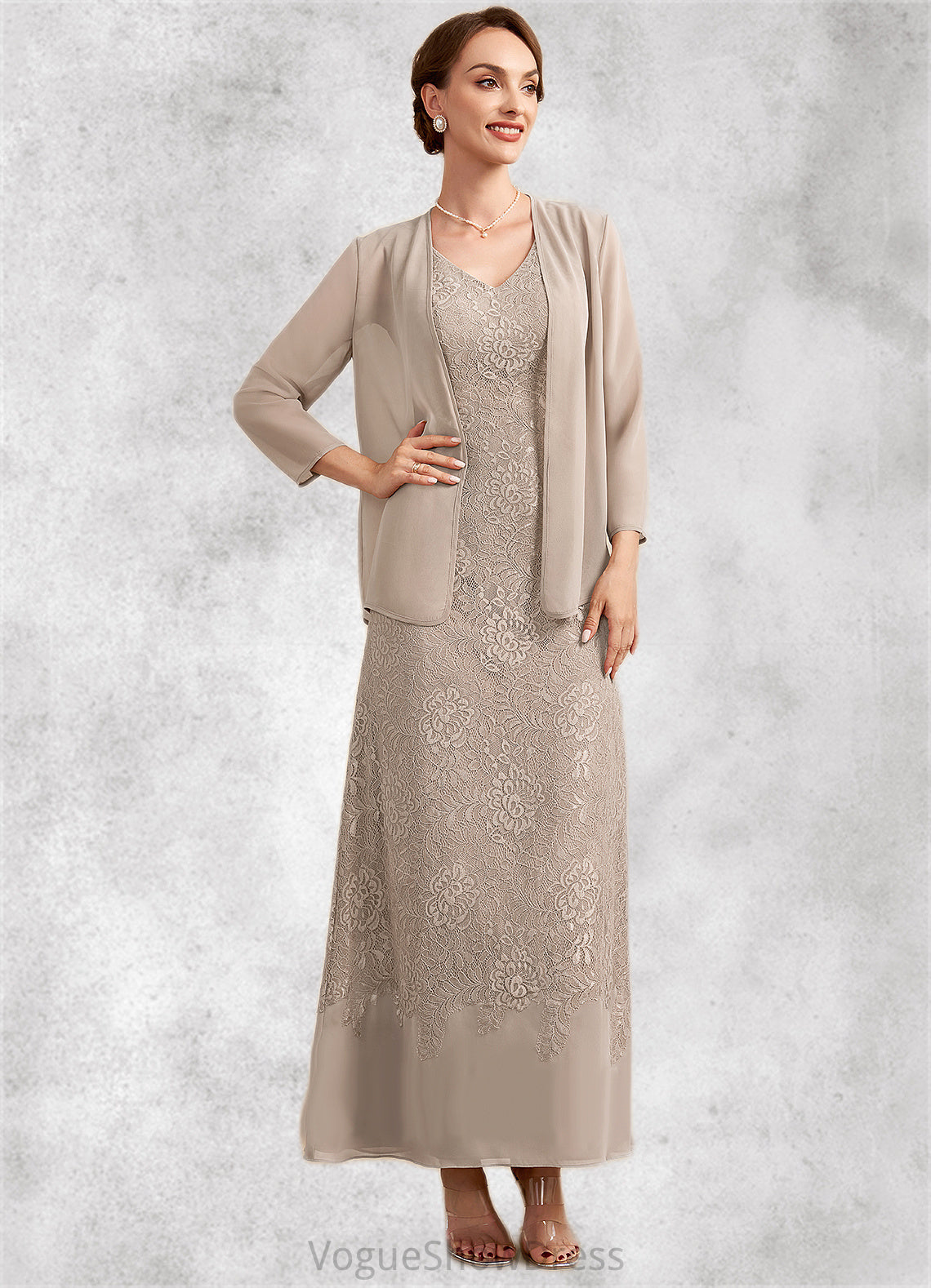 Ivy A-Line V-neck Ankle-Length Chiffon Lace Mother of the Bride Dress DL126P0014851