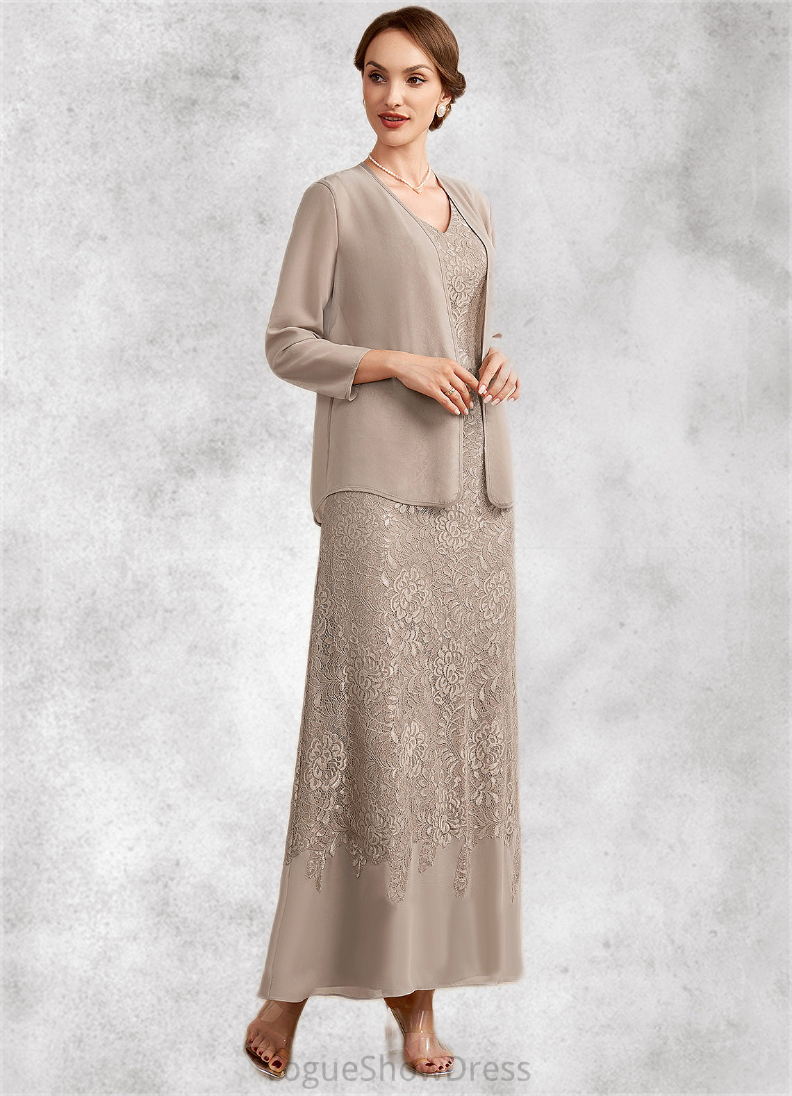 Ivy A-Line V-neck Ankle-Length Chiffon Lace Mother of the Bride Dress DL126P0014851