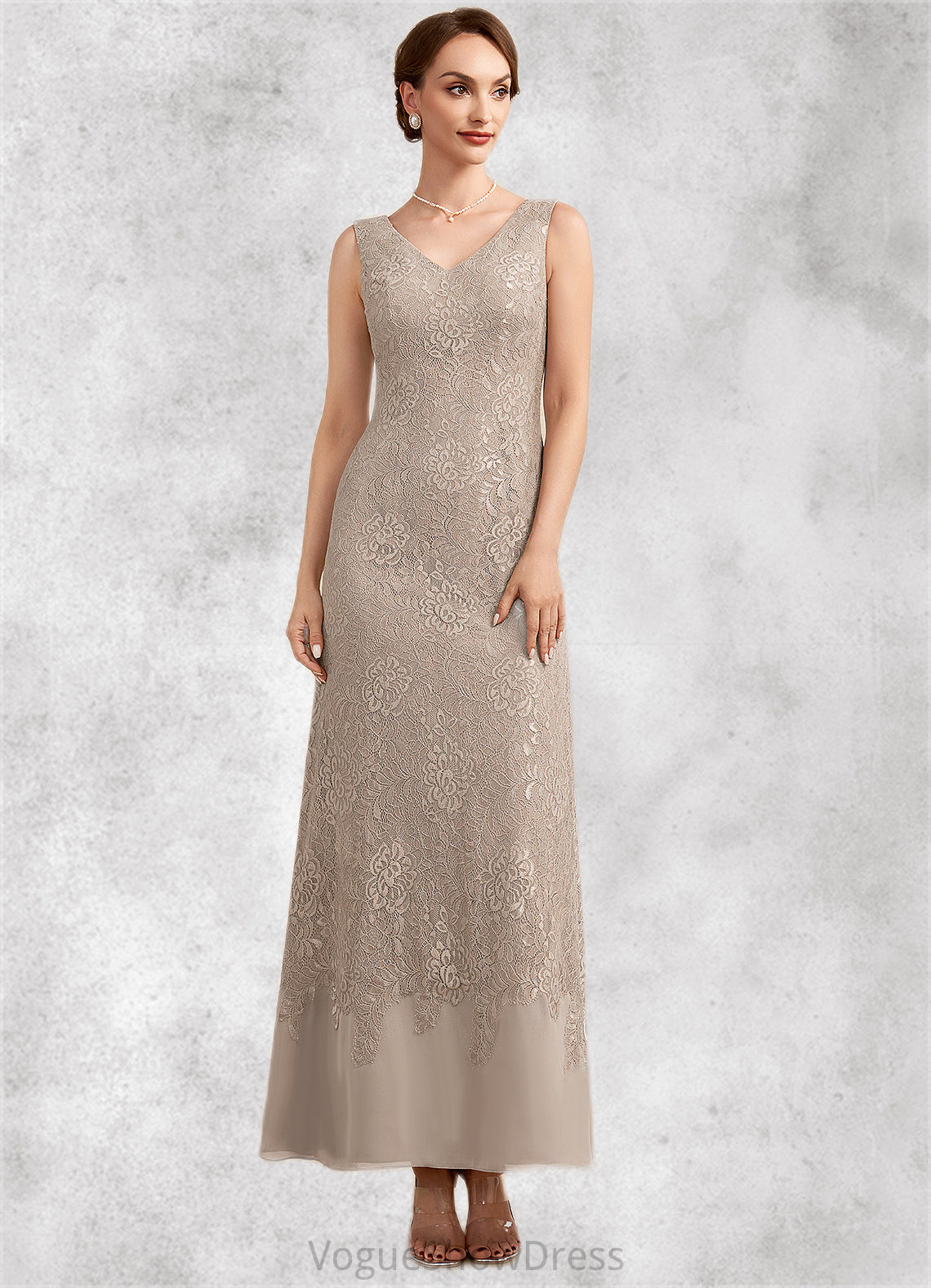 Ivy A-Line V-neck Ankle-Length Chiffon Lace Mother of the Bride Dress DL126P0014851