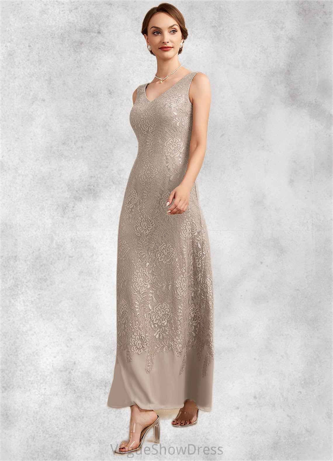 Ivy A-Line V-neck Ankle-Length Chiffon Lace Mother of the Bride Dress DL126P0014851