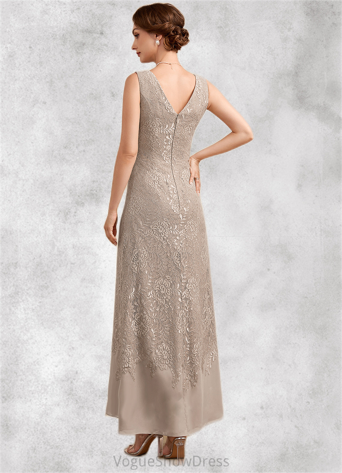 Ivy A-Line V-neck Ankle-Length Chiffon Lace Mother of the Bride Dress DL126P0014851