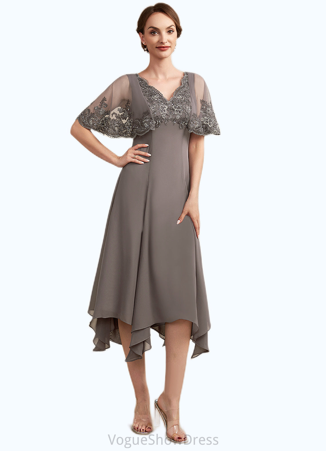 Blanche A-Line V-neck Tea-Length Chiffon Lace Mother of the Bride Dress With Beading Sequins DL126P0014852