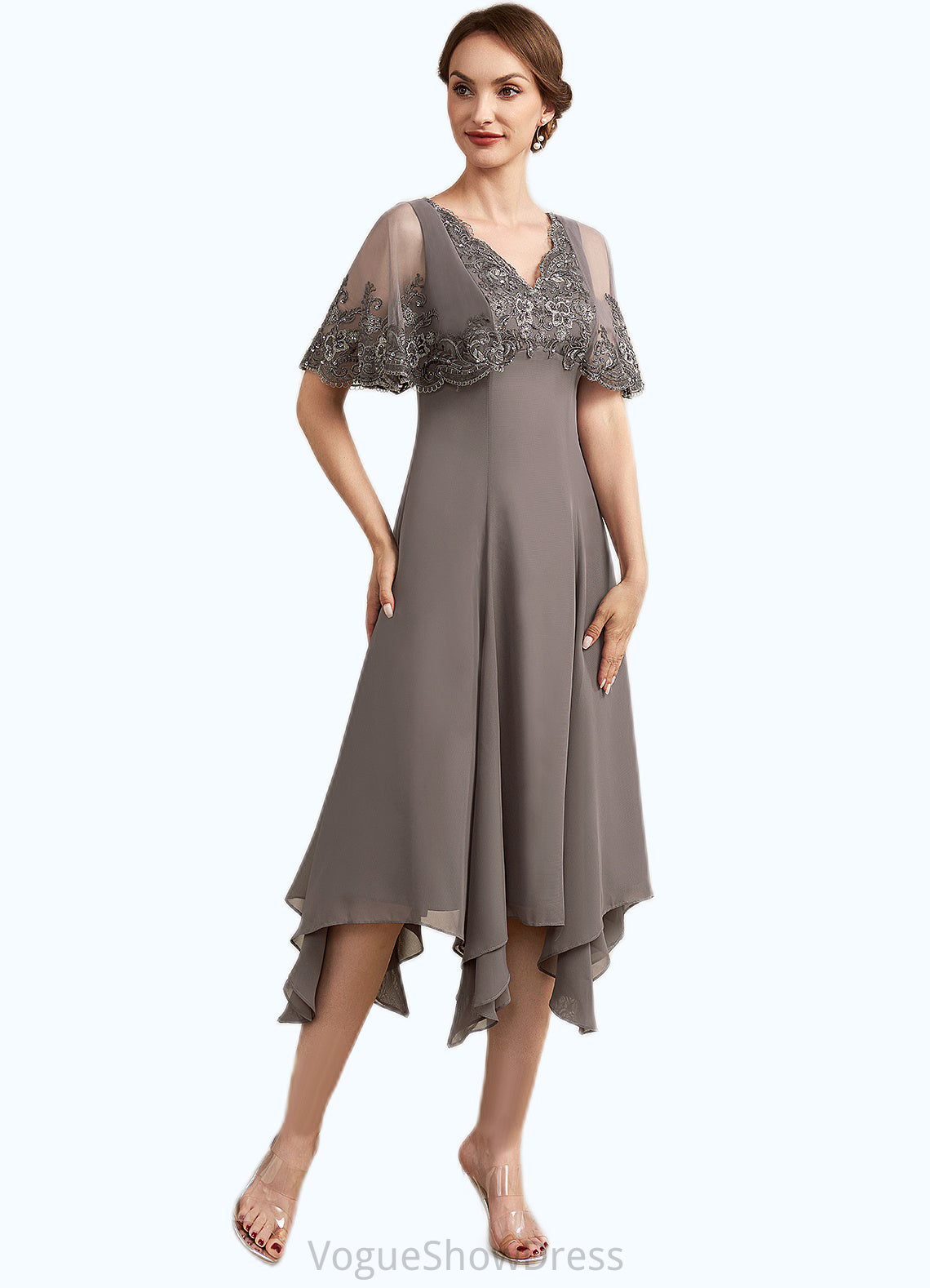 Blanche A-Line V-neck Tea-Length Chiffon Lace Mother of the Bride Dress With Beading Sequins DL126P0014852