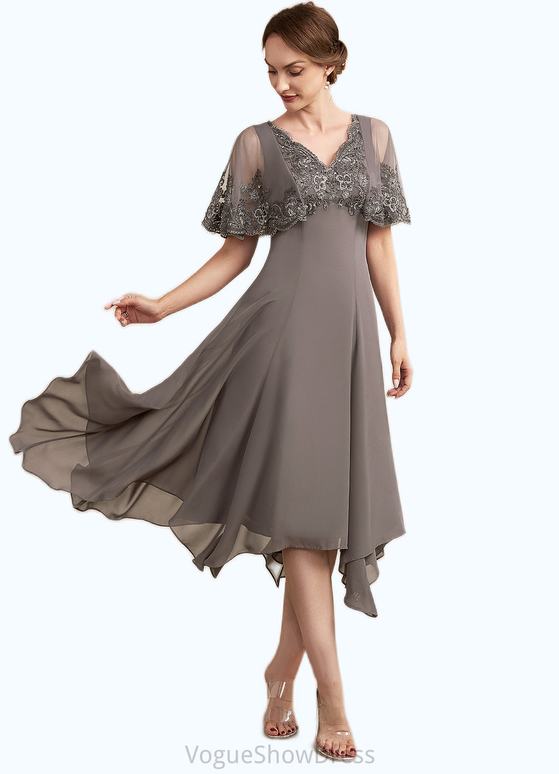 Blanche A-Line V-neck Tea-Length Chiffon Lace Mother of the Bride Dress With Beading Sequins DL126P0014852