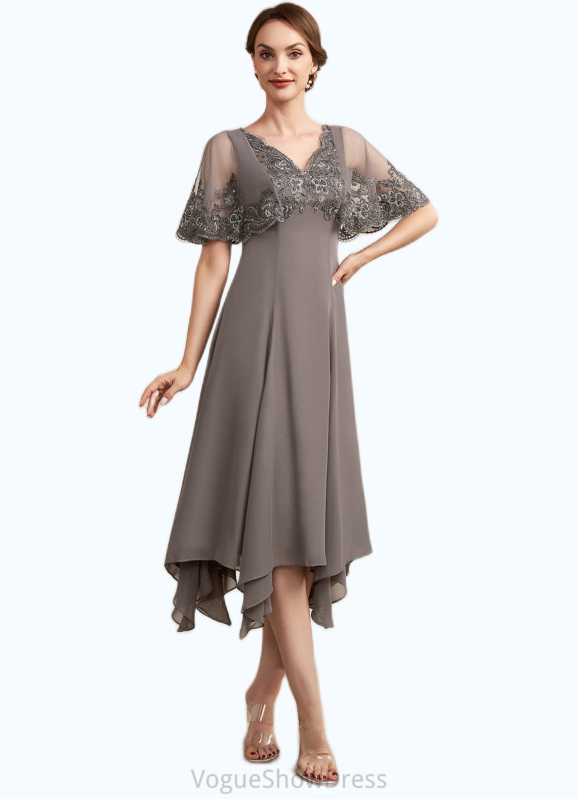 Blanche A-Line V-neck Tea-Length Chiffon Lace Mother of the Bride Dress With Beading Sequins DL126P0014852