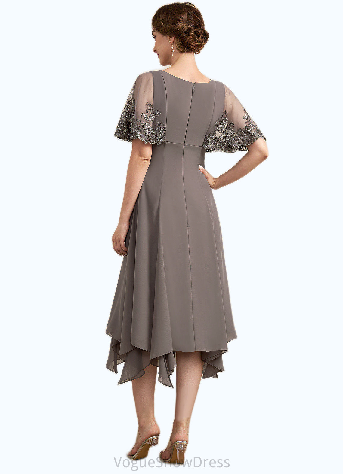 Blanche A-Line V-neck Tea-Length Chiffon Lace Mother of the Bride Dress With Beading Sequins DL126P0014852