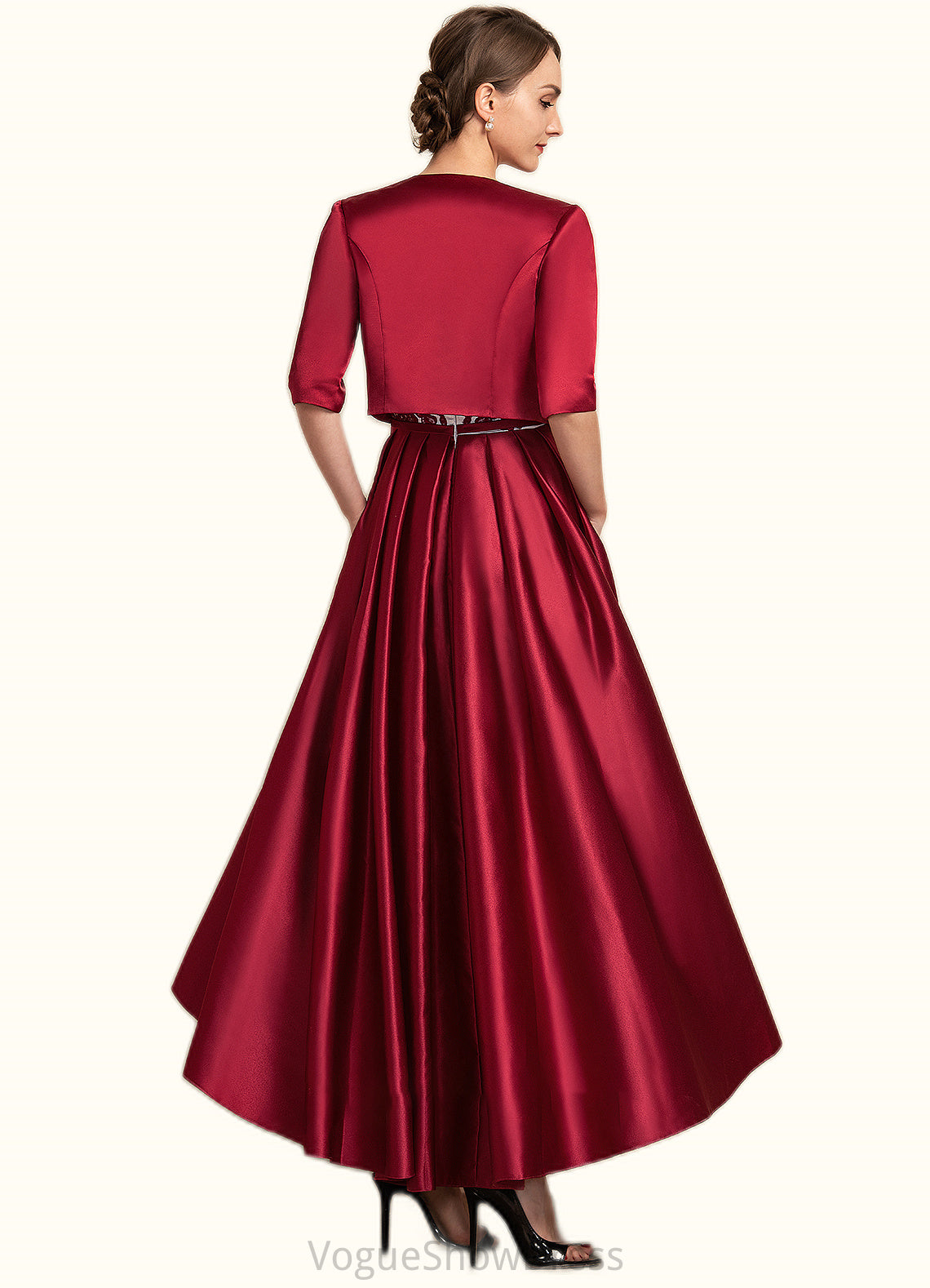 Kaydence A-Line Scoop Neck Asymmetrical Satin Lace Mother of the Bride Dress With Ruffle Sequins Pockets DL126P0014853