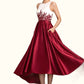 Kaydence A-Line Scoop Neck Asymmetrical Satin Lace Mother of the Bride Dress With Ruffle Sequins Pockets DL126P0014853