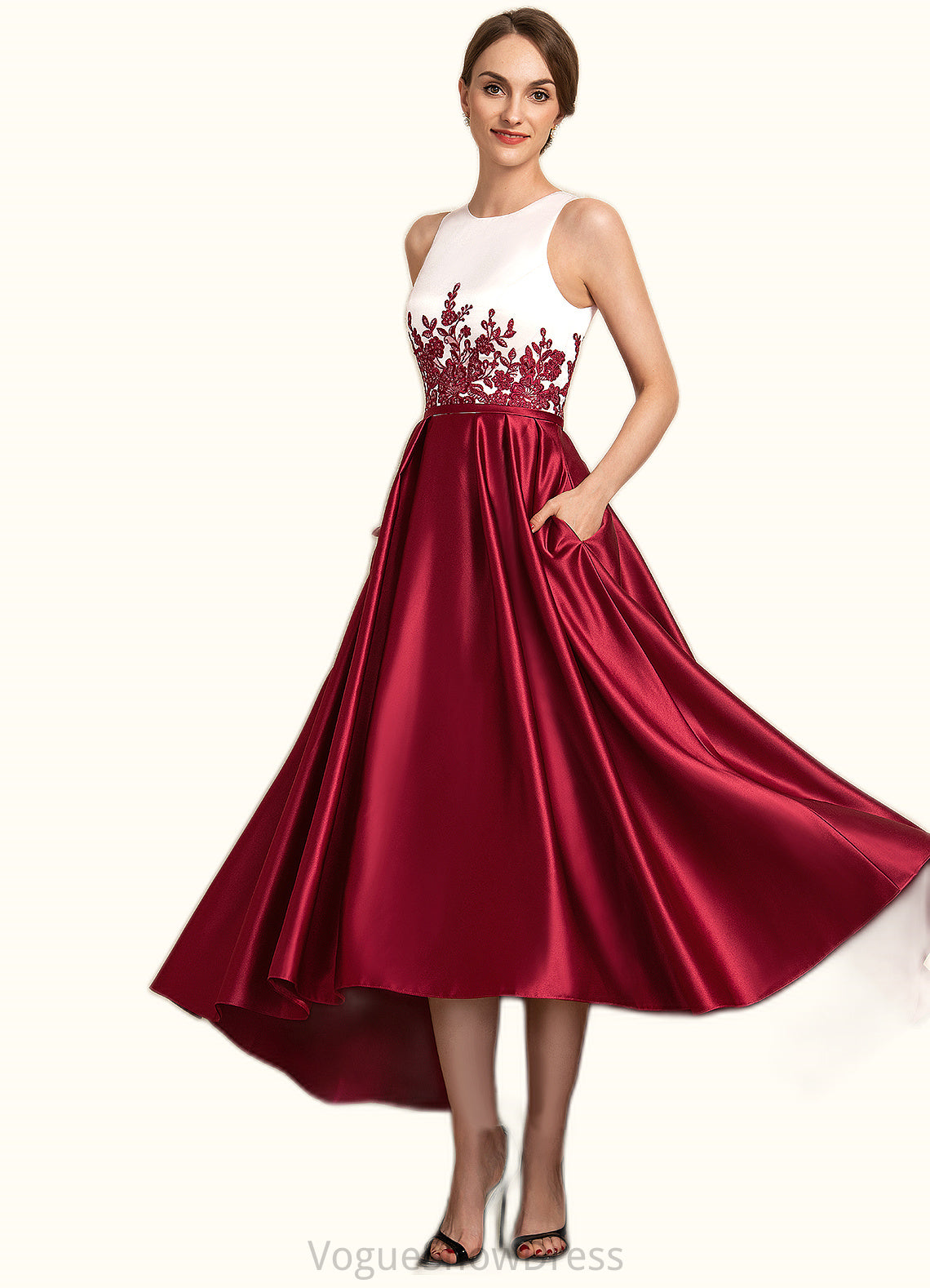 Kaydence A-Line Scoop Neck Asymmetrical Satin Lace Mother of the Bride Dress With Ruffle Sequins Pockets DL126P0014853