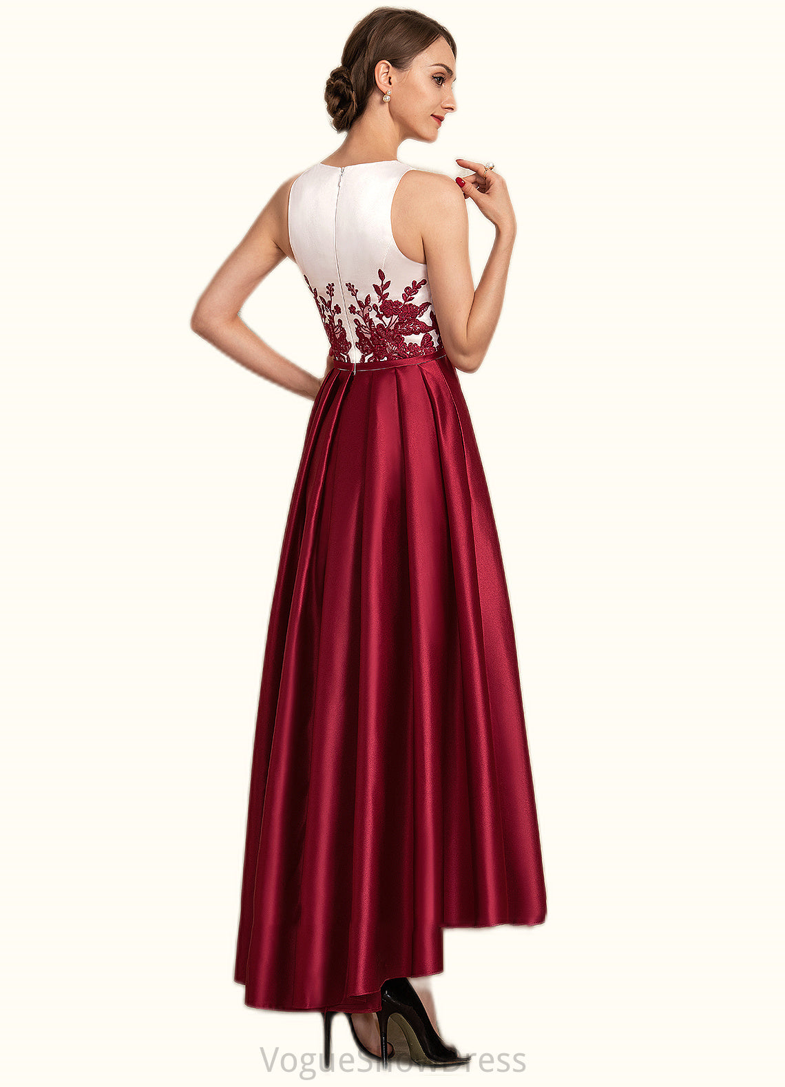 Kaydence A-Line Scoop Neck Asymmetrical Satin Lace Mother of the Bride Dress With Ruffle Sequins Pockets DL126P0014853