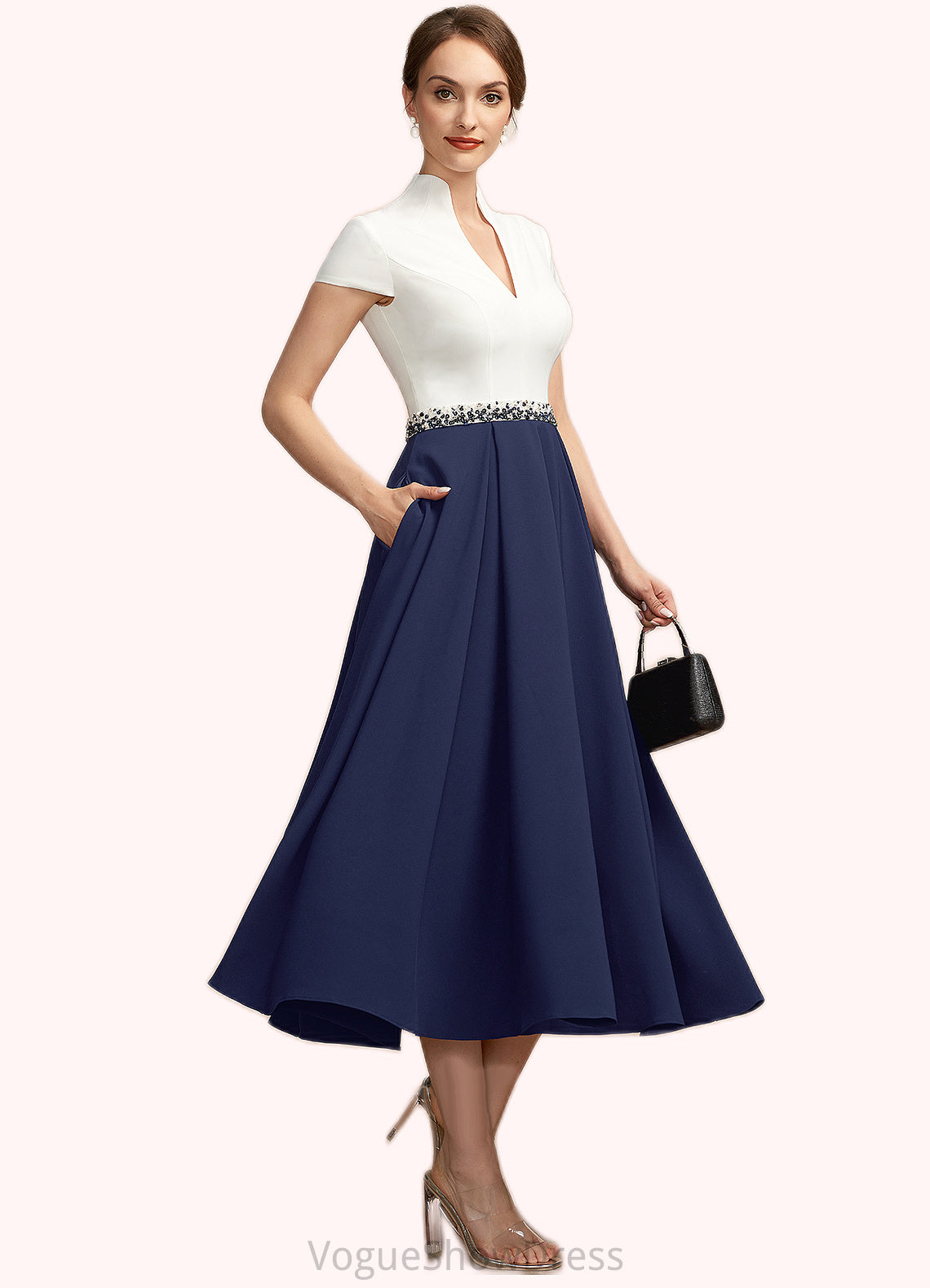 Michaelia A-Line V-neck Tea-Length Stretch Crepe Mother of the Bride Dress With Beading Sequins Pockets DL126P0014854