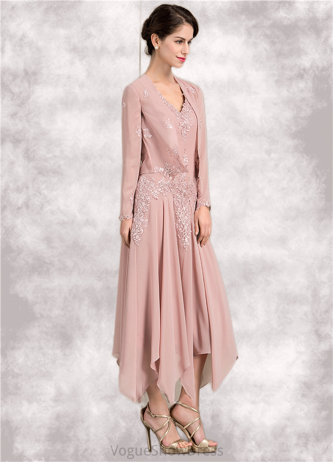 Kamila A-Line V-neck Ankle-Length Chiffon Mother of the Bride Dress With Appliques Lace Sequins DL126P0014855