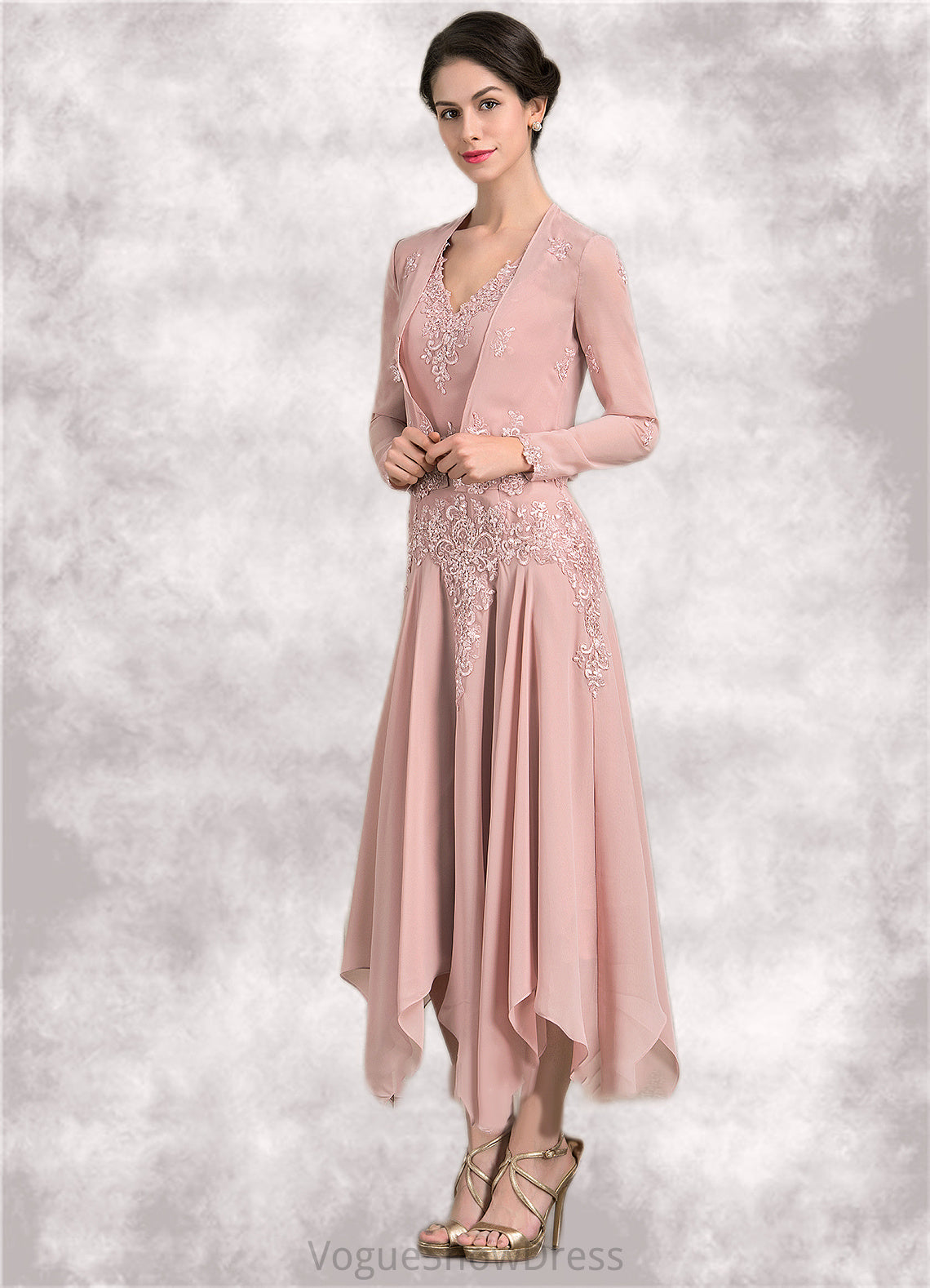 Kamila A-Line V-neck Ankle-Length Chiffon Mother of the Bride Dress With Appliques Lace Sequins DL126P0014855