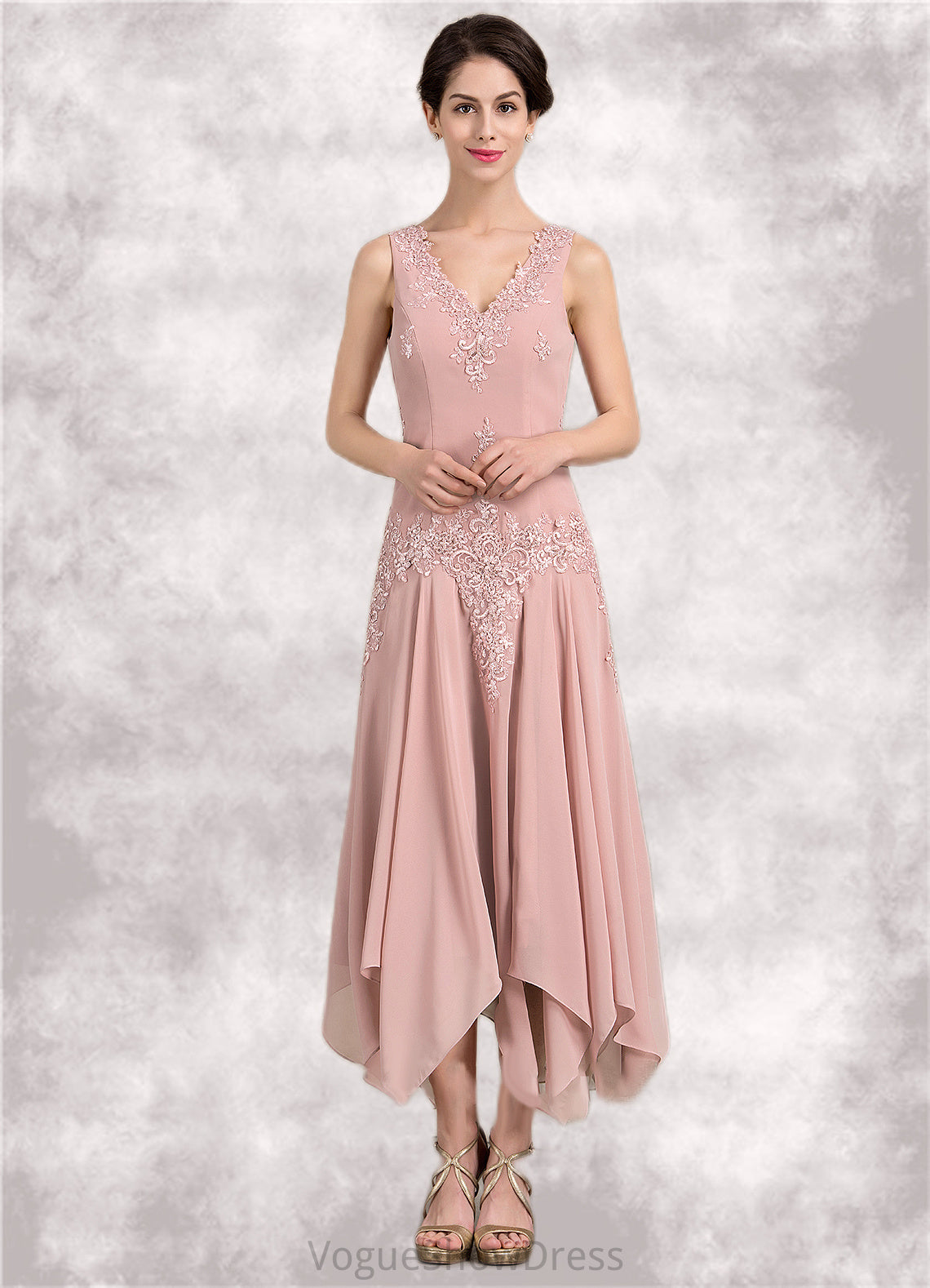 Kamila A-Line V-neck Ankle-Length Chiffon Mother of the Bride Dress With Appliques Lace Sequins DL126P0014855