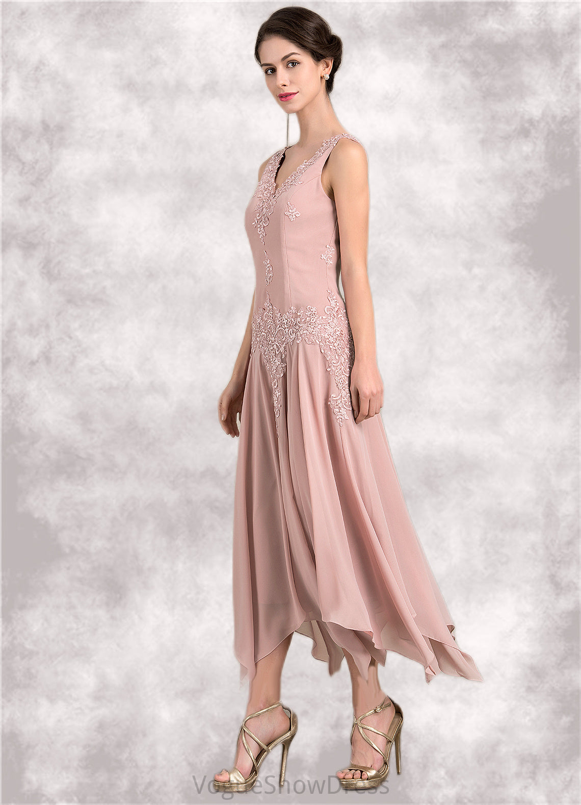 Kamila A-Line V-neck Ankle-Length Chiffon Mother of the Bride Dress With Appliques Lace Sequins DL126P0014855