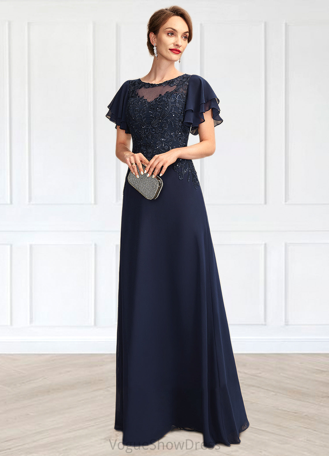 Sadie A-Line Scoop Neck Floor-Length Chiffon Lace Mother of the Bride Dress With Sequins DL126P0014857