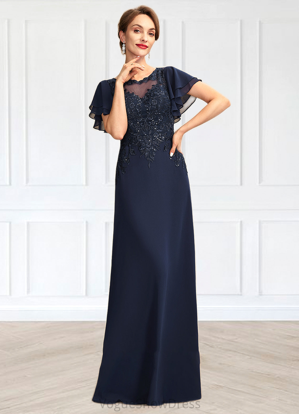 Sadie A-Line Scoop Neck Floor-Length Chiffon Lace Mother of the Bride Dress With Sequins DL126P0014857