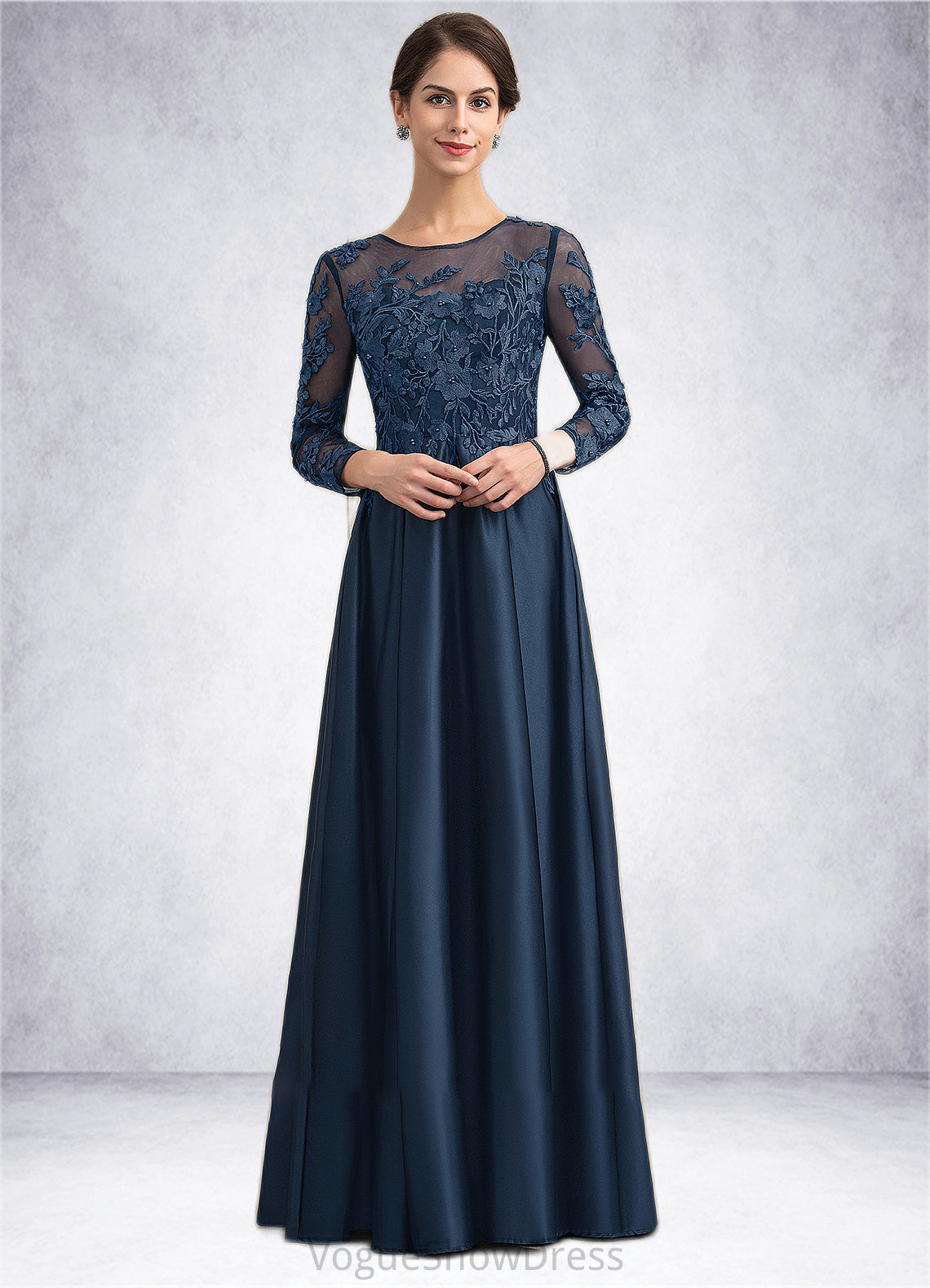 Skylar A-Line Scoop Neck Floor-Length Satin Lace Mother of the Bride Dress With Beading DL126P0014858