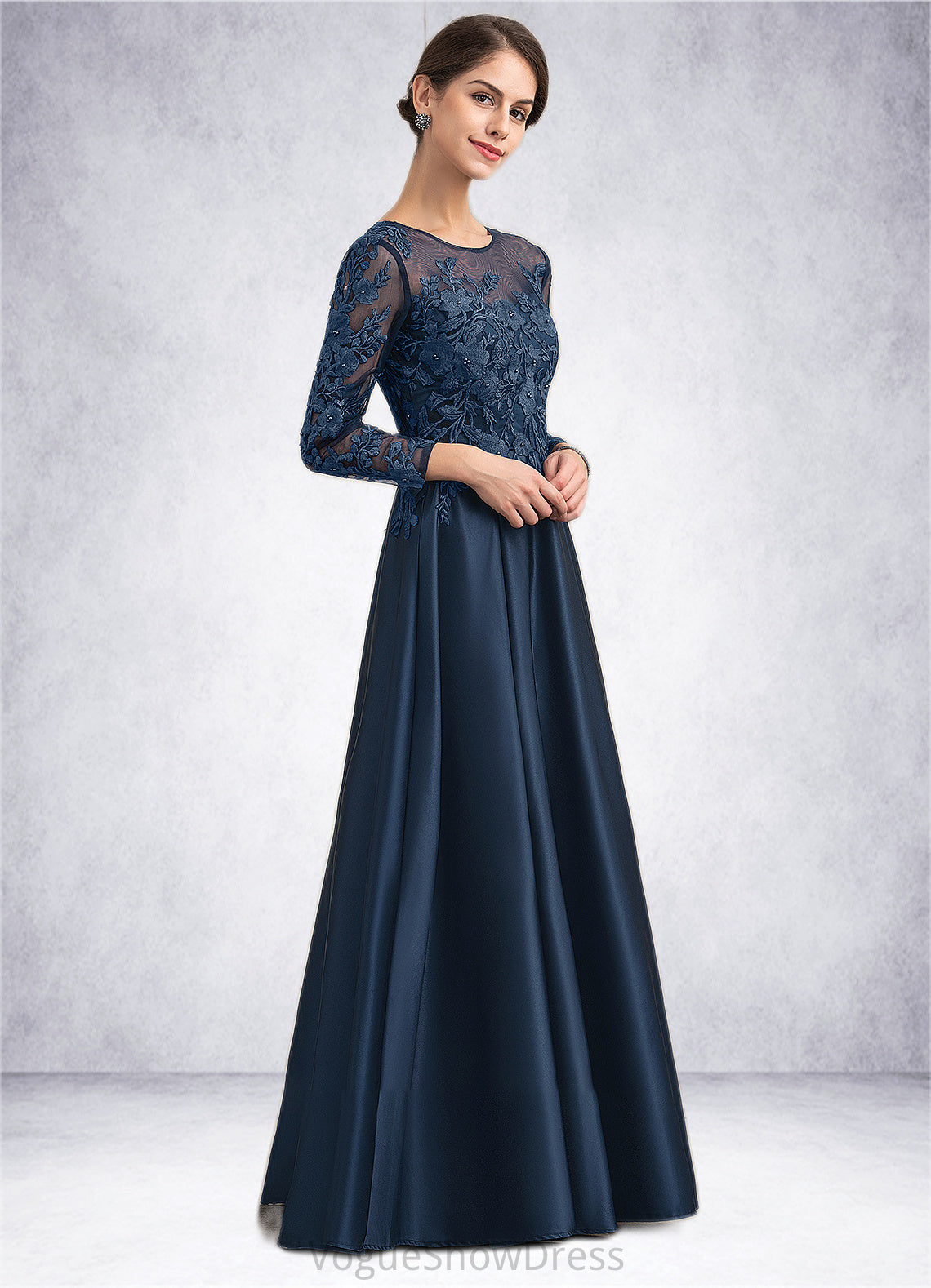 Skylar A-Line Scoop Neck Floor-Length Satin Lace Mother of the Bride Dress With Beading DL126P0014858