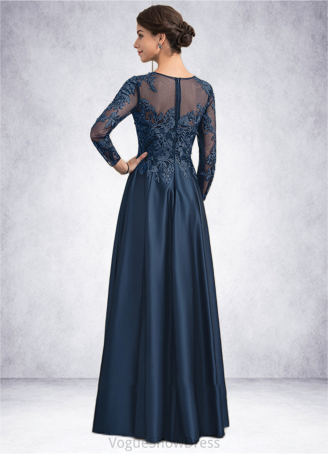 Skylar A-Line Scoop Neck Floor-Length Satin Lace Mother of the Bride Dress With Beading DL126P0014858