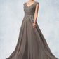 Violet A-Line V-neck Floor-Length Chiffon Lace Mother of the Bride Dress With Ruffle Sequins DL126P0014870