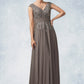 Violet A-Line V-neck Floor-Length Chiffon Lace Mother of the Bride Dress With Ruffle Sequins DL126P0014870