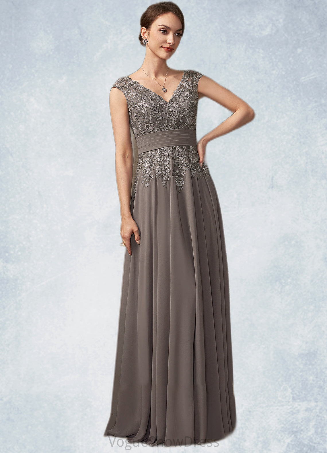 Violet A-Line V-neck Floor-Length Chiffon Lace Mother of the Bride Dress With Ruffle Sequins DL126P0014870