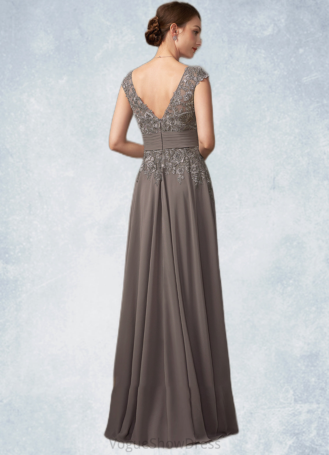 Violet A-Line V-neck Floor-Length Chiffon Lace Mother of the Bride Dress With Ruffle Sequins DL126P0014870