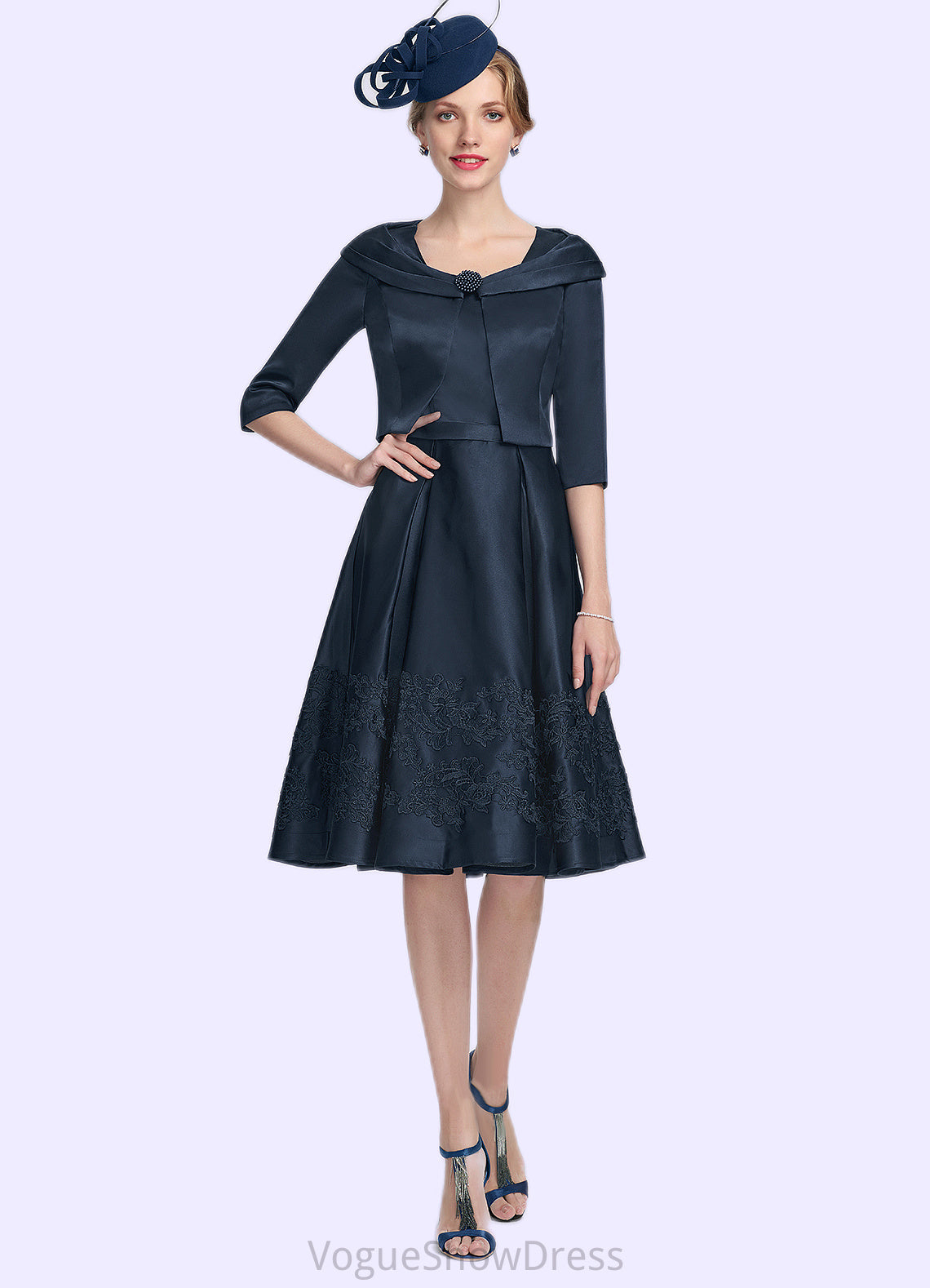 Luna A-Line Square Neckline Knee-Length Satin Mother of the Bride Dress With Appliques Lace DL126P0014877