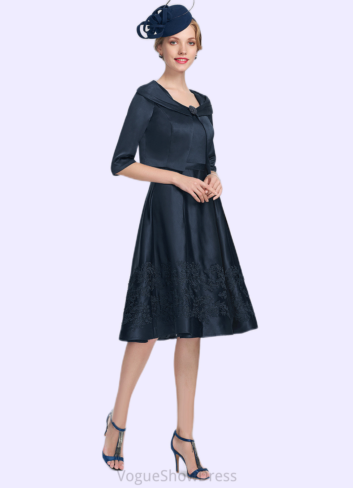 Luna A-Line Square Neckline Knee-Length Satin Mother of the Bride Dress With Appliques Lace DL126P0014877