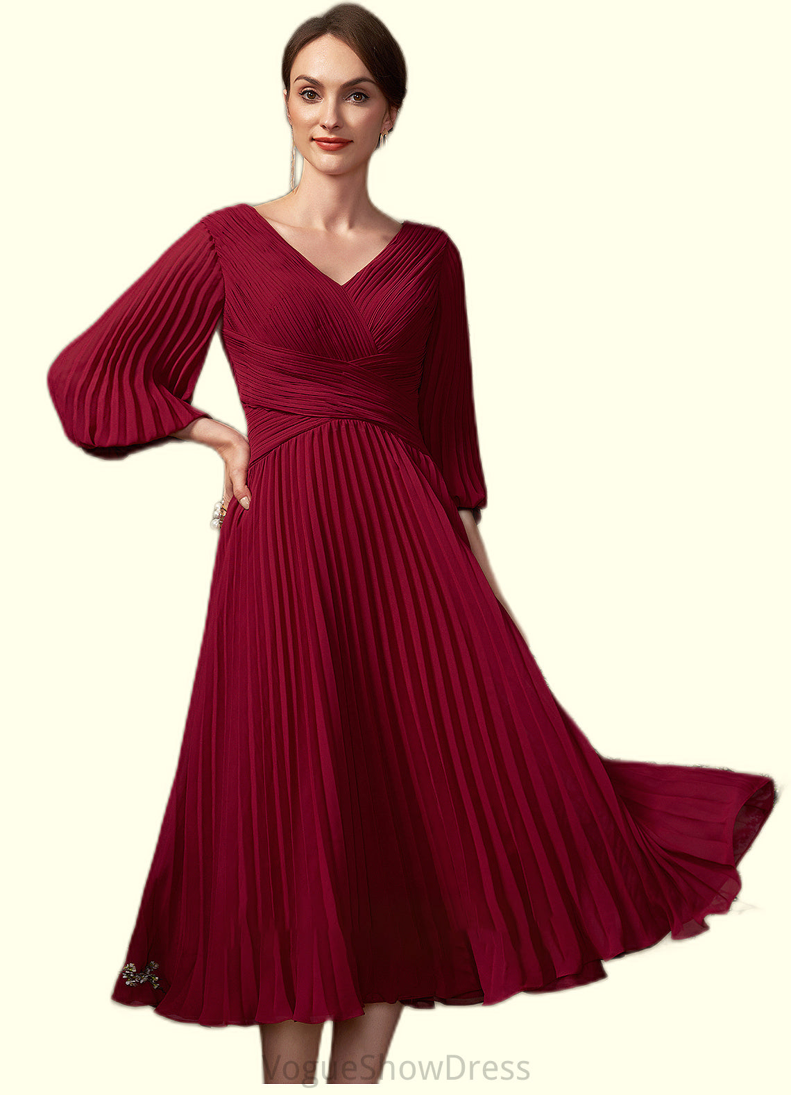 Anna A-Line V-neck Tea-Length Chiffon Mother of the Bride Dress With Pleated DL126P0014878