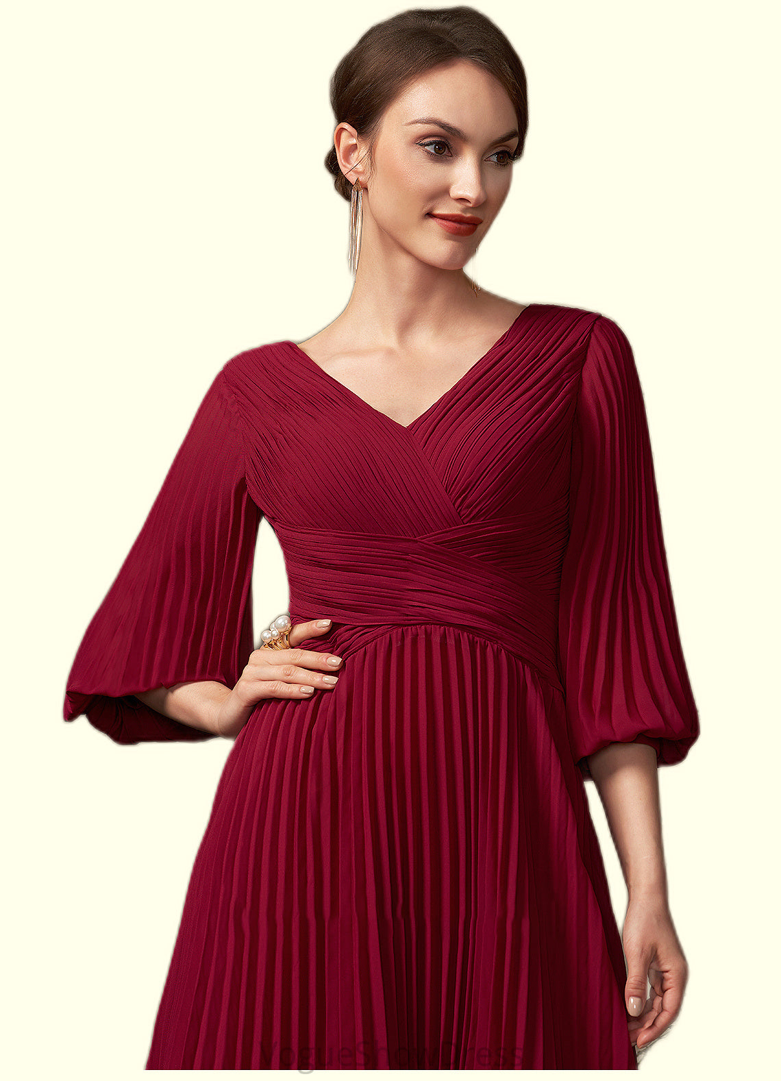 Anna A-Line V-neck Tea-Length Chiffon Mother of the Bride Dress With Pleated DL126P0014878