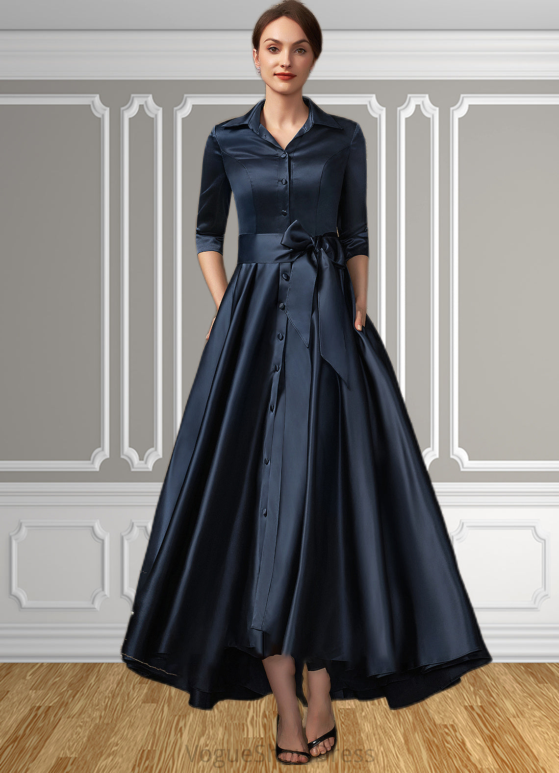 Makenna A-Line V-neck Asymmetrical Satin Mother of the Bride Dress With Bow(s) Pockets DL126P0014879