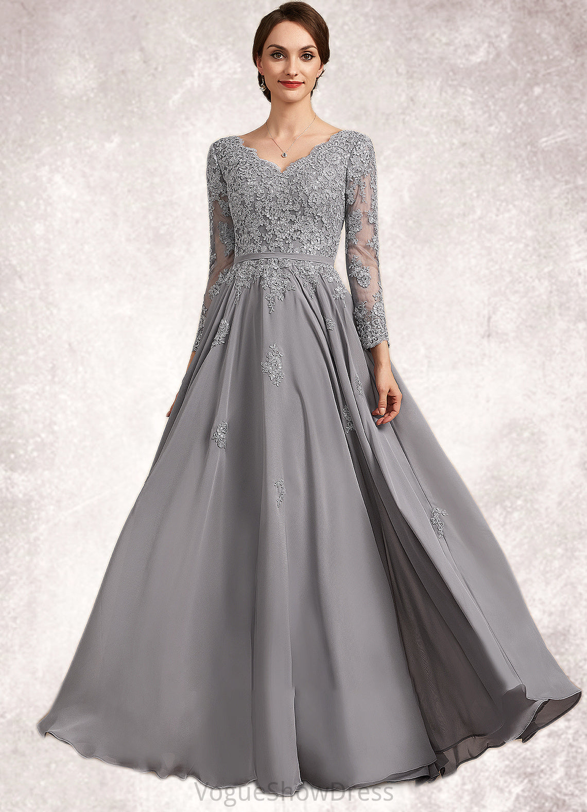 Meadow A-Line V-neck Floor-Length Chiffon Lace Mother of the Bride Dress DL126P0014881