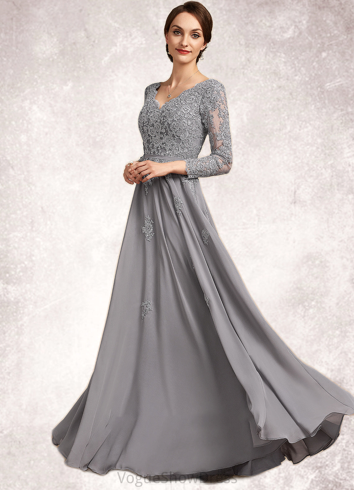 Meadow A-Line V-neck Floor-Length Chiffon Lace Mother of the Bride Dress DL126P0014881