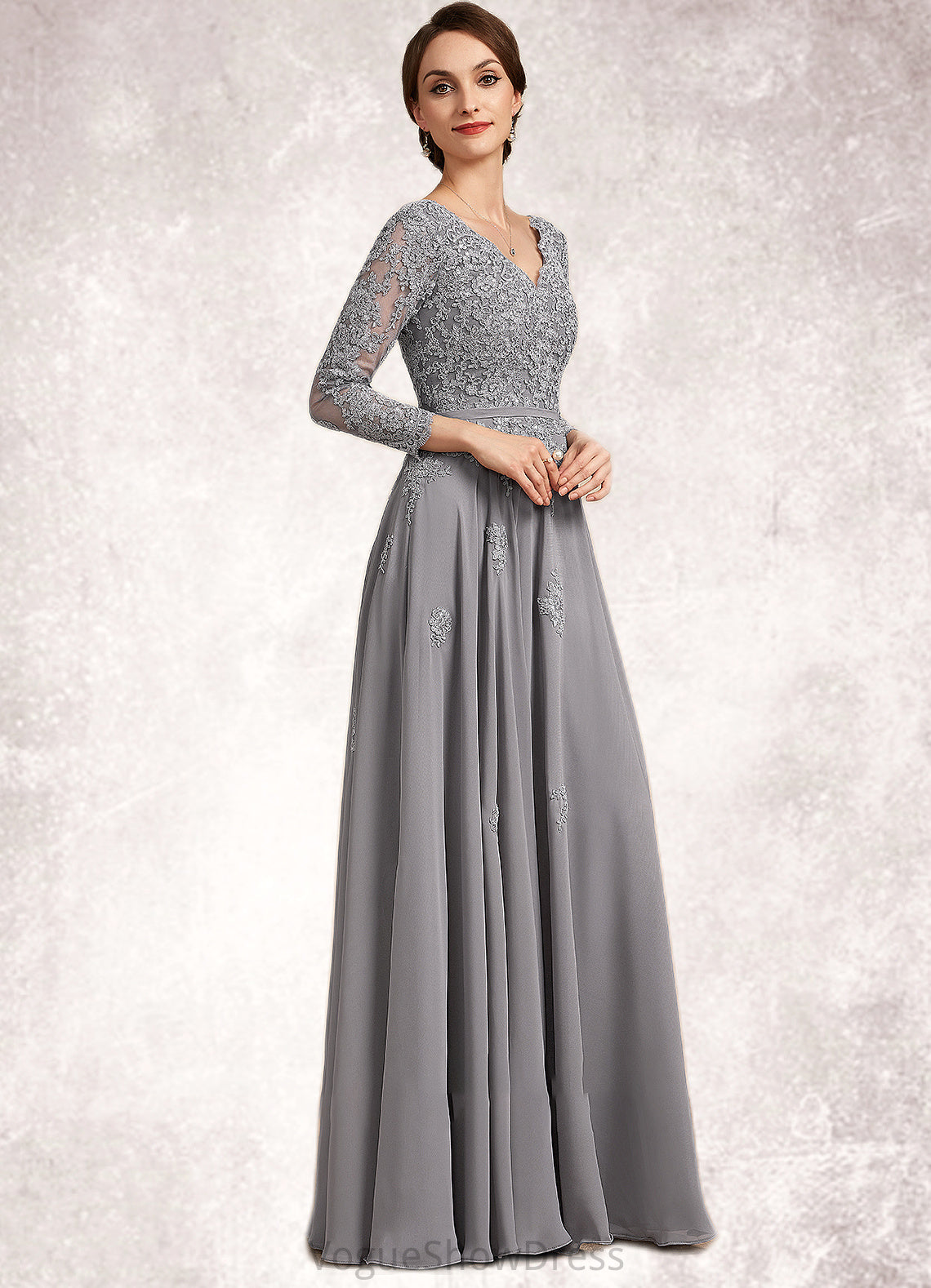 Meadow A-Line V-neck Floor-Length Chiffon Lace Mother of the Bride Dress DL126P0014881