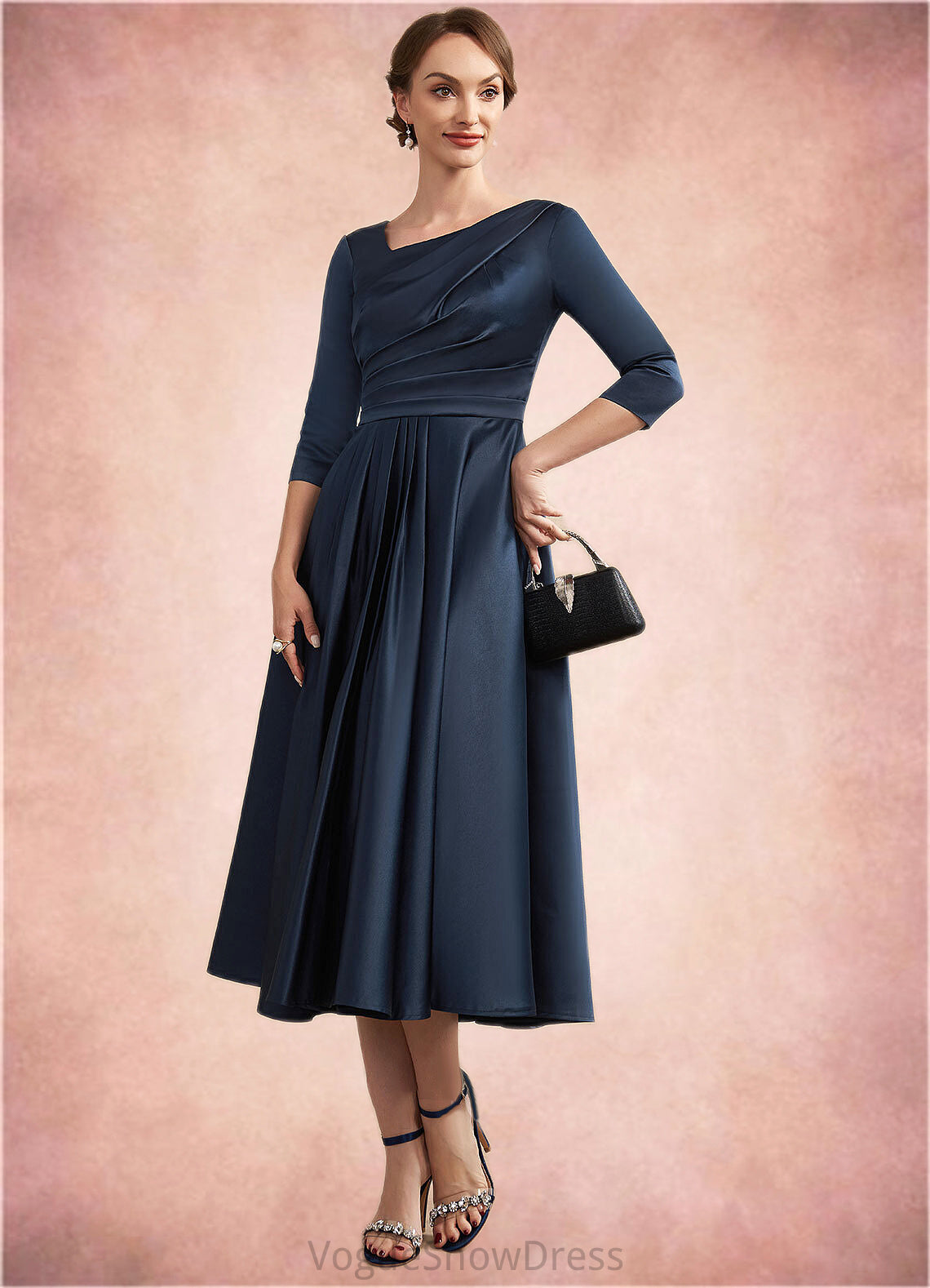 Desiree A-Line V-neck Tea-Length Satin Mother of the Bride Dress With Ruffle DL126P0014883