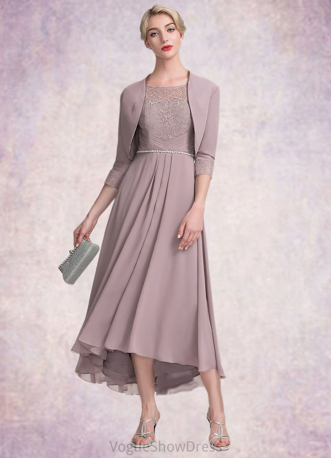 Samantha A-Line Scoop Neck Asymmetrical Chiffon Lace Mother of the Bride Dress With Beading DL126P0014885