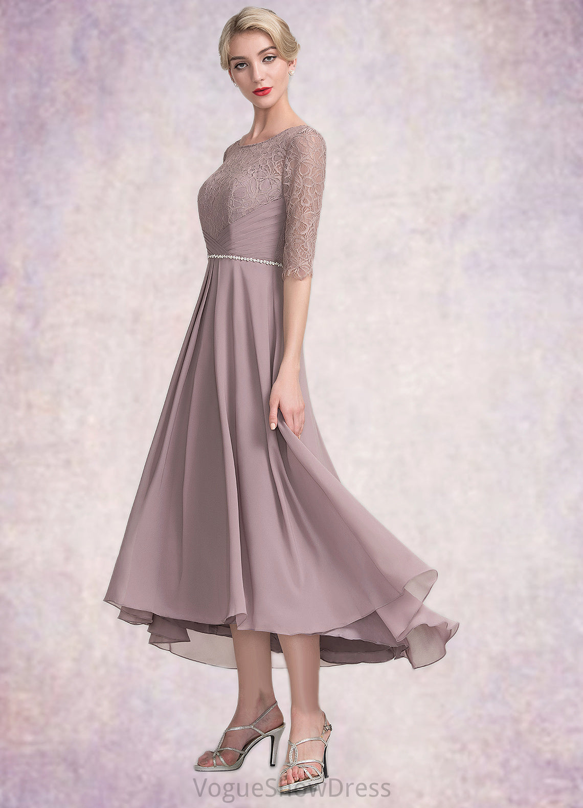 Samantha A-Line Scoop Neck Asymmetrical Chiffon Lace Mother of the Bride Dress With Beading DL126P0014885