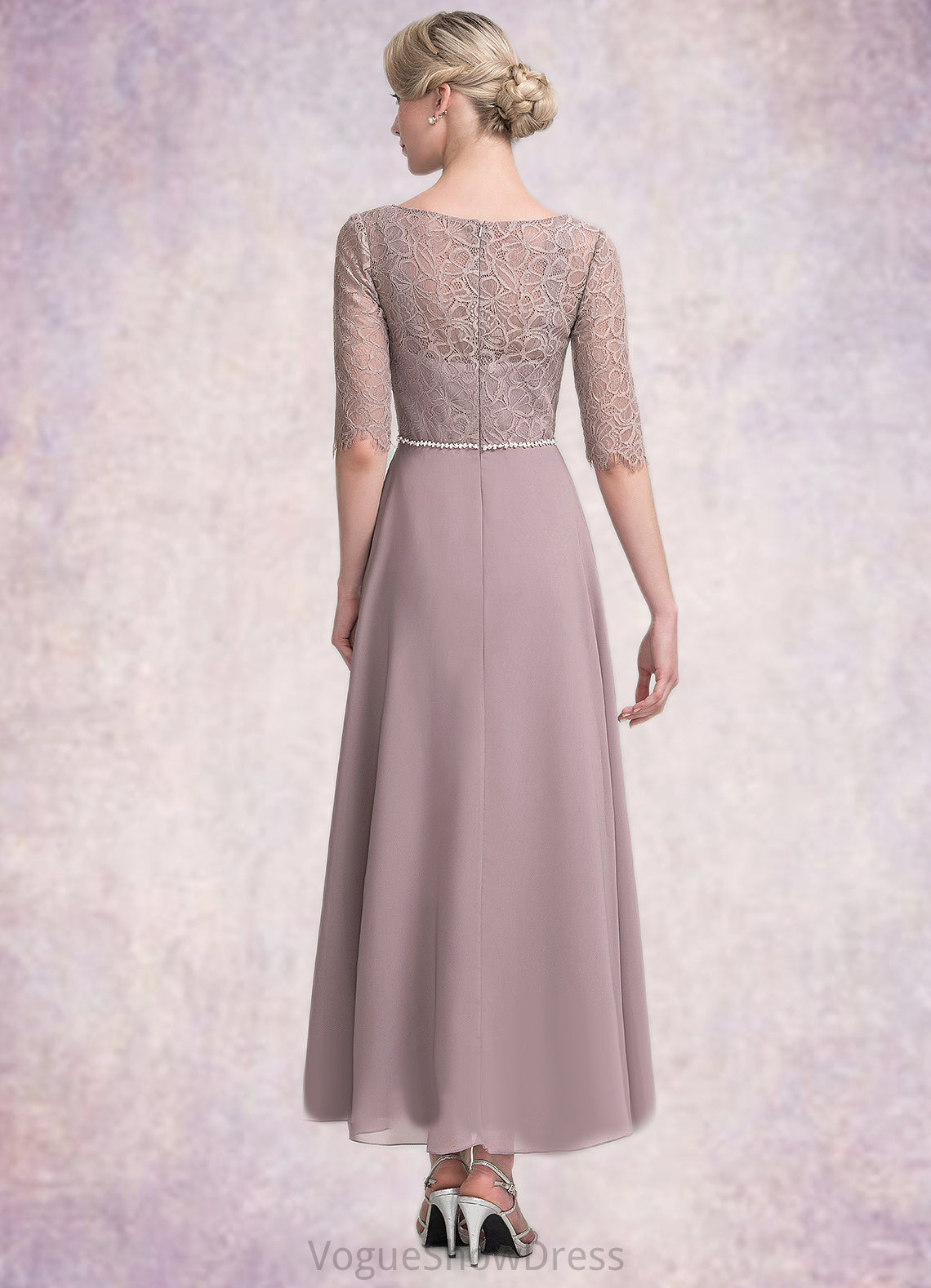 Samantha A-Line Scoop Neck Asymmetrical Chiffon Lace Mother of the Bride Dress With Beading DL126P0014885