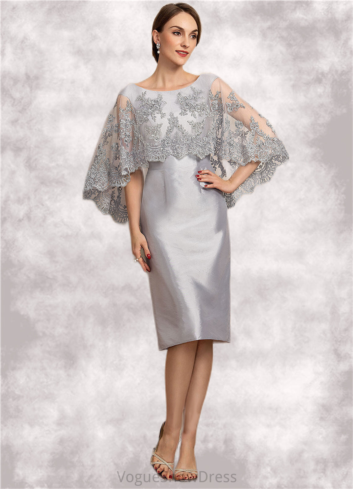 Val Sheath/Column Scoop Neck Knee-Length Taffeta Lace Mother of the Bride Dress With Beading Sequins DL126P0014886