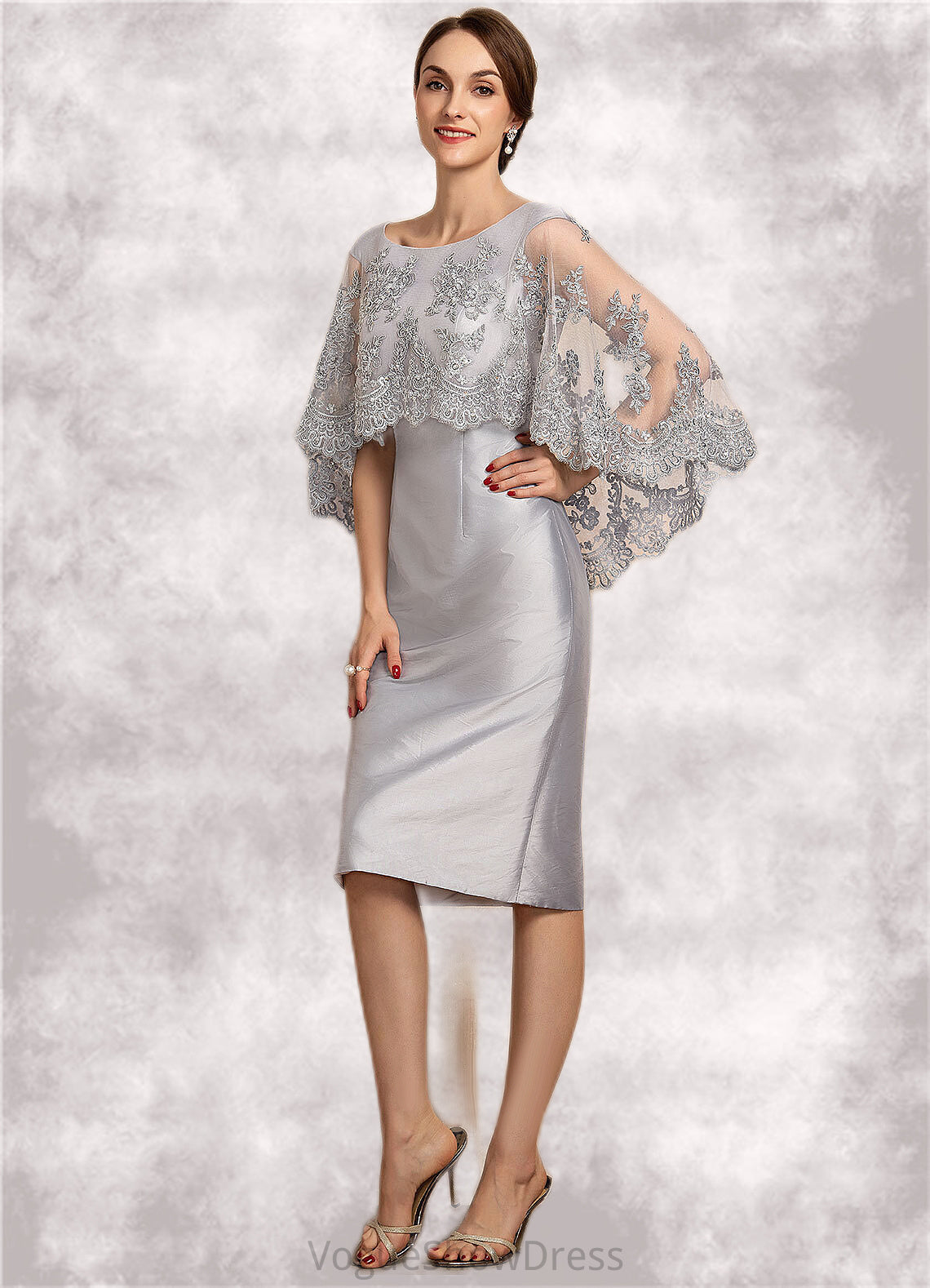 Val Sheath/Column Scoop Neck Knee-Length Taffeta Lace Mother of the Bride Dress With Beading Sequins DL126P0014886