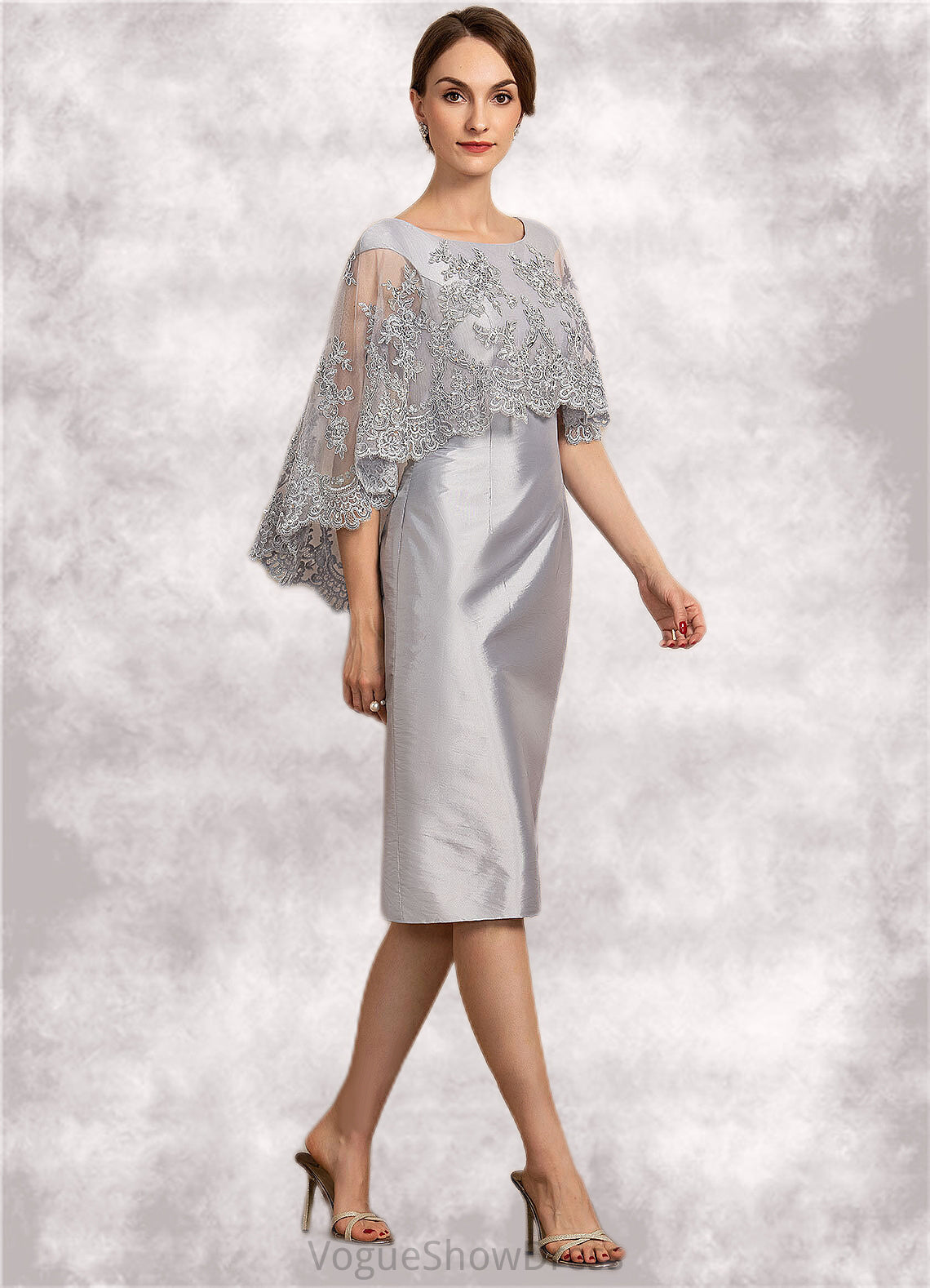 Val Sheath/Column Scoop Neck Knee-Length Taffeta Lace Mother of the Bride Dress With Beading Sequins DL126P0014886