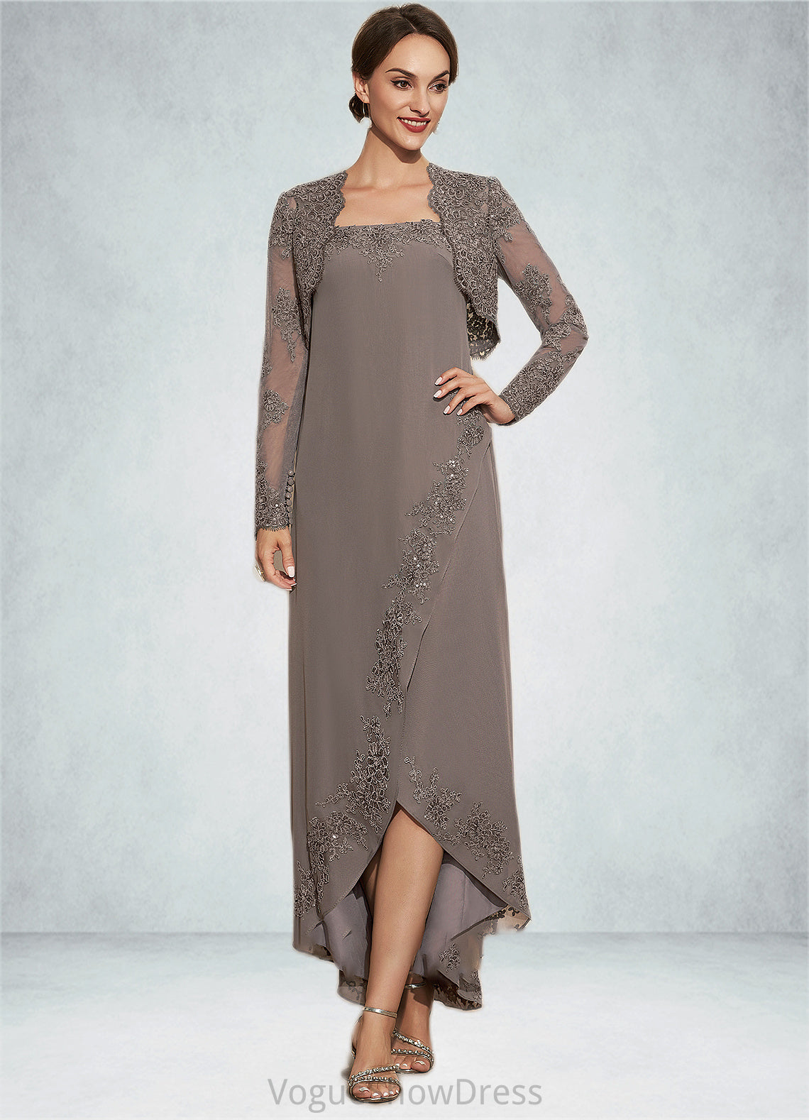 Kenna A-Line Square Neckline Asymmetrical Chiffon Mother of the Bride Dress With Appliques Lace Sequins DL126P0014888