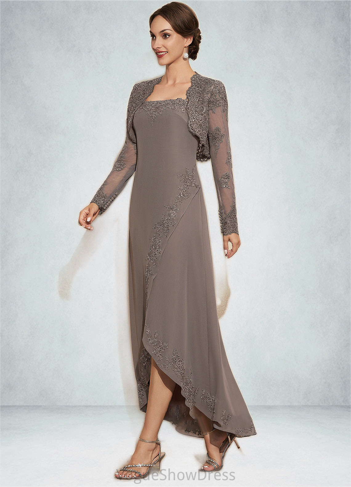 Kenna A-Line Square Neckline Asymmetrical Chiffon Mother of the Bride Dress With Appliques Lace Sequins DL126P0014888