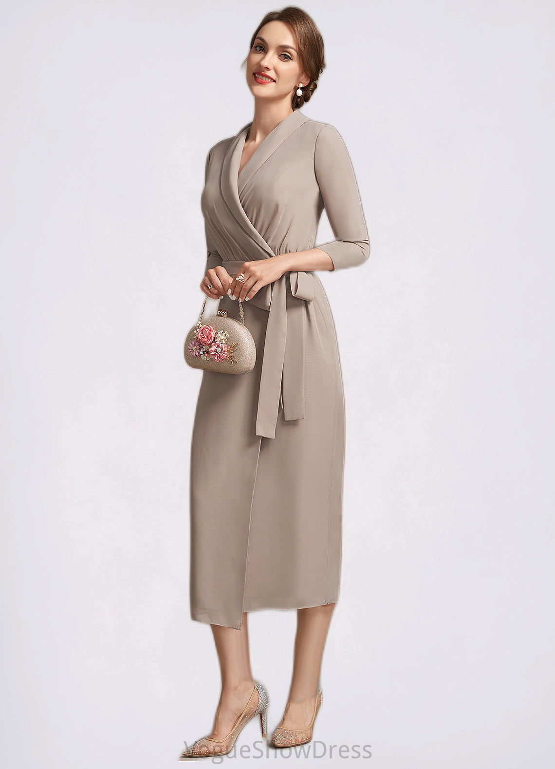 Aliya Sheath/Column V-neck Tea-Length Chiffon Mother of the Bride Dress With Bow(s) DL126P0014891