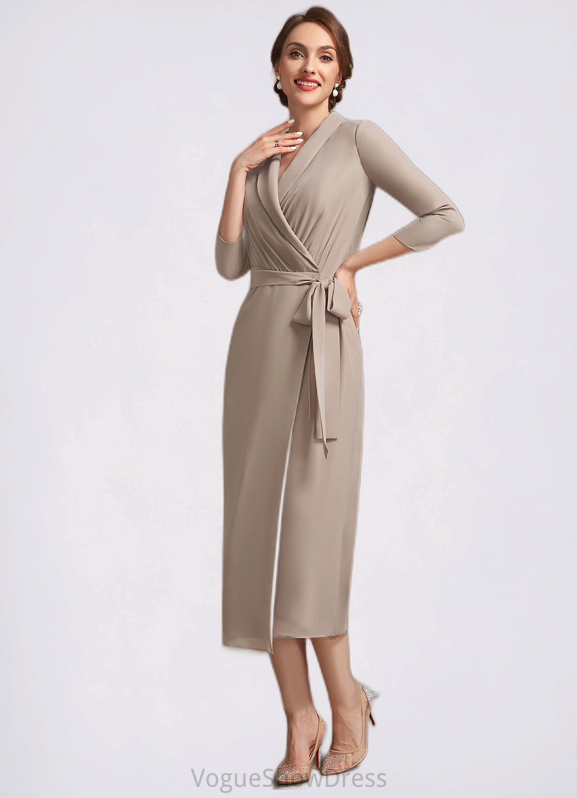 Aliya Sheath/Column V-neck Tea-Length Chiffon Mother of the Bride Dress With Bow(s) DL126P0014891